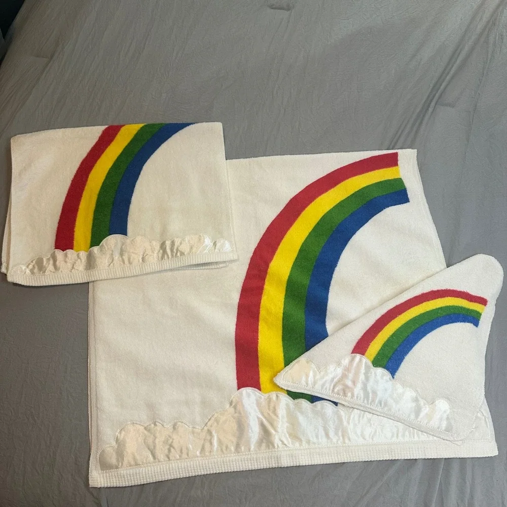 Vintage 70's Saturday Knight Rainbow Cloud Pride Towel Set 3pc White Retro Bath